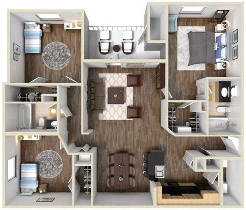 Floor plan for 3 beds, 2 baths, 1221 sqft